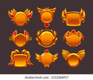 Golden game award badges, level ui icons. Empty gold frames, banners with wings, gemstones and laurel wreaths. Isolated bonus graphic elements, reward, trophy achievement and prize Cartoon vector set