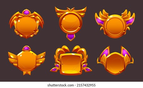 Golden Game Award Badges, Level Ui Icons. Empty Gold Frames, Banners With Wings And Pink Decor. Isolated Medieval Style Bonus Graphic Elements, Reward, Trophy Achievement And Prize Cartoon Vector Set