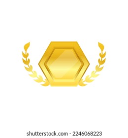 Golden game award badges, level ui icons, empty gold hexagon frames with laurel wreaths. Isolated bonus graphic elements, reward, trophy achievement and prize Vector