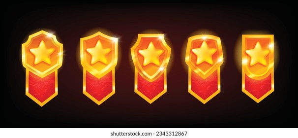 Golden game badge set, vector level up achievement, award UI medal shield kit, shiny rank reward. Rating bonus star, interface tournament design element, winner champion coin. Game badge leader assets