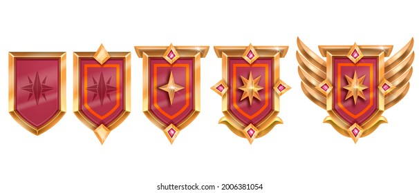 Golden Game Badge, Vector Rank Medal Award Set, Medieval Level Up Shield Achievement, Red Crystal, Wings. UI RPG Winner Congratulation Reward Sign, Rating Royal Emblem. Treasure Game Badge On White