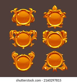 Golden game buttons, achievement badges with fantasy frames. Vector set of golden icons in medieval style, circle award labels with decorative borders isolated on background
