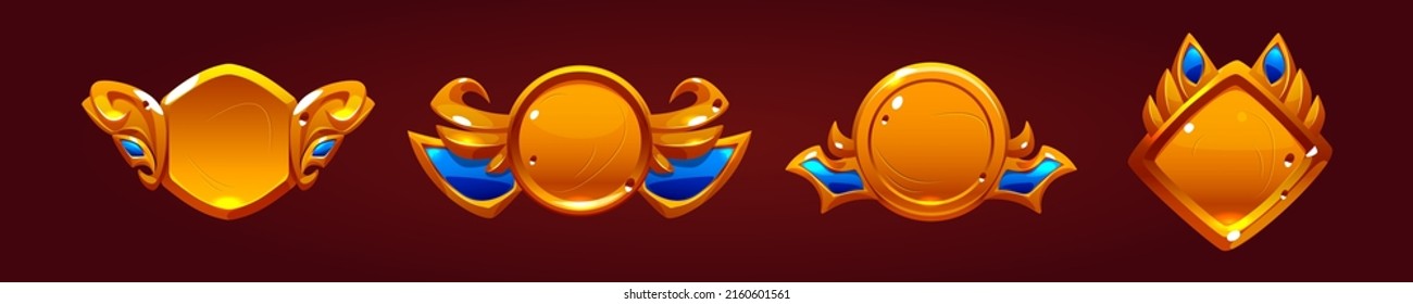 Golden game buttons, achievement badges different shapes. Vector cartoon icons set, emblems with fantasy gold border and blue decoration isolated on background