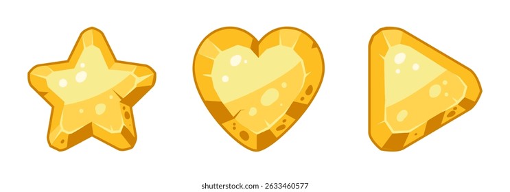 Golden game buttons. Cartoon gold stone frames and buttons, gravel rock gambling plates, golden rock stones signs flat vector illustration set. Stone buttons on white