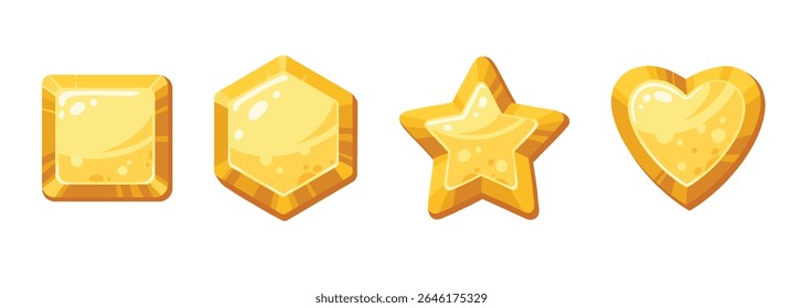 Botões dourados do jogo. Quadros e botões de pedra de ouro desenhos animados, placas de jogo de pedras de cascalho, pedras de pedra de ouro sinais vetor plano conjunto de ilustração. Botões de pedra sobre branco