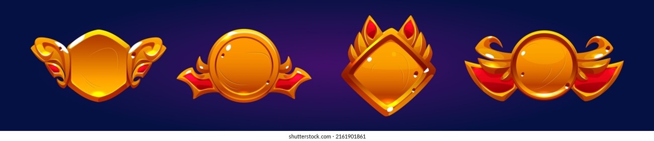 Golden game buttons with fantasy frames, achievement badges isolated on blue background. Vector cartoon icons set, emblems different shapes with fantasy gold border and red decoration