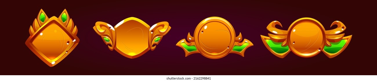 Golden game buttons with fantasy frames, achievement badges isolated on background. Vector cartoon icons set, emblems different shapes with fantasy gold border and green decoration