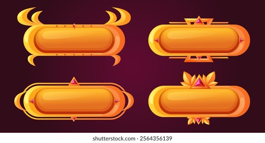 Golden game buttons set isolated on black background. Vector cartoon illustration of medieval yellow frames decorated with leaves and ruby gemstones, user interface menu design, ancient style borders