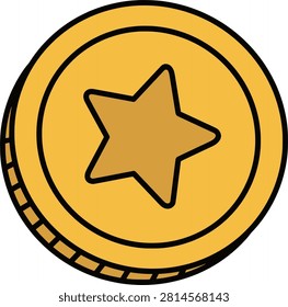 Golden game coin with a central star, bold black outline, and simple flat vector design.