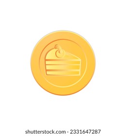 Golden game coin. Coin icon, gold medal. Coin with piece of cake. Graphic user interface design element game coin. Money symbol game elements. Bank payment symbol. Purchases in the game