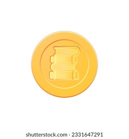 Golden game coin. Coin icon, gold medal. Coin with books. Graphic user interface design element game coin. Money symbol game elements. Bank payment symbol. Purchases in the game, ultimate fate