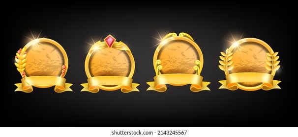 Golden game frame set, gemstone medieval RPG ranking icon, vector UI avatar level up circle border kit. Winner award design element, fantasy collection, royal ancient reward panel. Game frame clipart