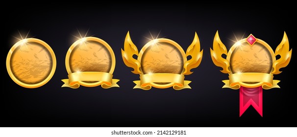 Golden game frame set, vector UI avatar level up circle border kit, gemstone medieval RPG ranking icon. Winner award design element, royal ancient reward panel, fantasy collection. Game frame clipart