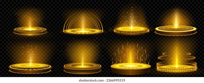 Golden game hologram light circle podium teleport. 3d magic technology neon glow hud platform element vector design set. Fantasy energy stage with sound wave, plexus line, stardust and arch sparkle