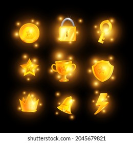 Golden game icon set, vector UI shiny casino badge kit, winner trophy shield, glow magic sparks. Mobile app 2D award objects, online prize crown, bell, yellow bonus star level up medal. Game icon pack