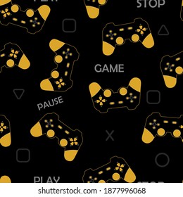 Golden game joystick, icons and text on black background.