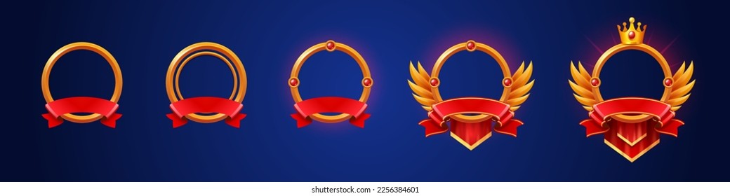 Golden game rank frames set isolated on background. Vector cartoon illustration of round metal borders decorated with red gemstones, silk ribbon and royal crown. Level awards. Gui design elements