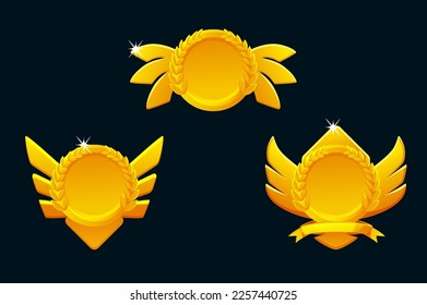 Golden game rank icons isolated. Vector Game badges buttons in circle frame with wings