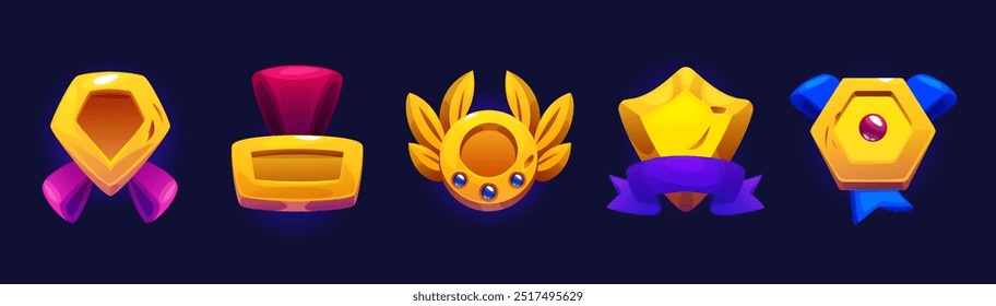 Golden game rank icons set isolated on background. Vector cartoon illustration of round and hexagonal medals, shiny shield, award badges decorated with laurel, ribbons and gemstones, winner trophy