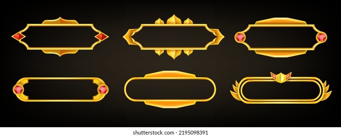 Golden game vector frame set, UI medieval interface badge, ancient royal border kit RPG  elements. 3D tile menu object, shiny gemstone fantasy cartoon title design. Viking game frame asset collection 