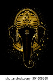 Golden Ganesha, or Ganapati, Indian god in the Hindu. Gold color splash. Vector hand drawn illustration for design of prints, web, festive, Chaturthi invitations.