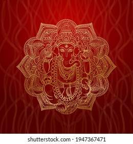 golden Ganesha line art illustration im red background