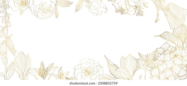 Golden garden flowers Background Illustration. Garden line flowers frame.  Summer time border frame. 