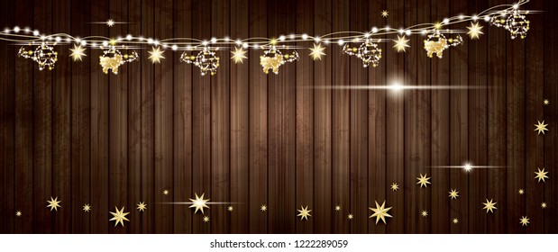 Golden Garland with Helicopters and Stars on Wooden Background. Merry Christmas and Happy New Year Concept. Vector Illustration.