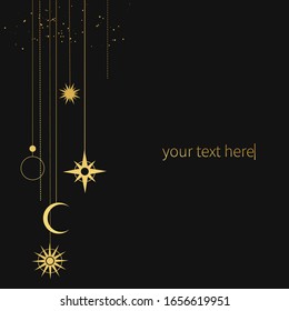 Golden garland with planets and stars. Vector template