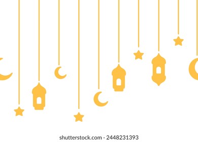 Golden garland for Ramadan. Crescent, star, lantern and Moroccan candlesticks. Seamless horizontal vector border. Hanging decoration for Ramadan. Festive curtains on threads of different lengths. 