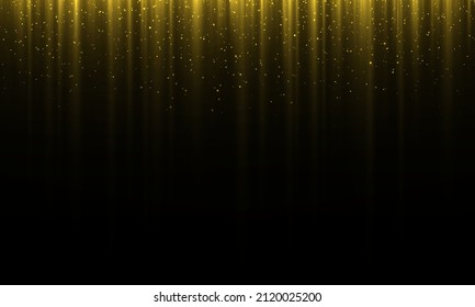 Golden garlands glitter with light effect. Garland lights gold glitter hanging vertical lines holiday background. Golden rain and dust falls down. Shiny gold sparkle tinsels celebration design. Vector