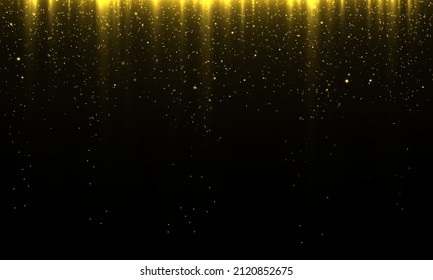 Golden garlands glitter with light effect. Garland lights gold glitter hanging vertical lines holiday background. Golden rain and dust falls down. Shiny gold sparkle tinsels celebration design. Vector