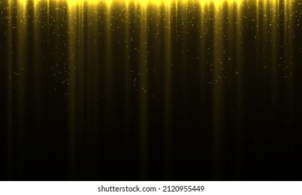 Golden garlands glitter with light effect. Garland lights gold glitter hanging vertical lines holiday background. Golden rain and dust falls down. Shiny gold sparkle tinsels celebration design. Vector