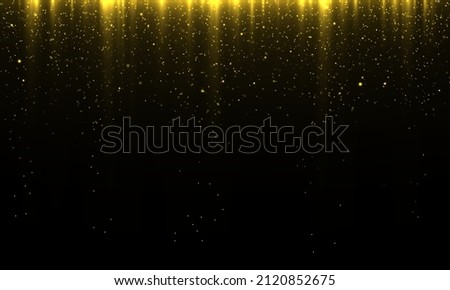 Golden garlands glitter with light effect. Garland lights gold glitter hanging vertical lines holiday background. Golden rain and dust falls down. Shiny gold sparkle tinsels celebration design. Vector