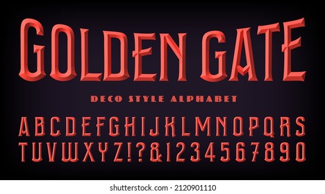 Golden Gate is a 3d effect deco style alphabet reminiscent of the red painted metal structure of the Golden Gate Bridge at San Francisco Bay.