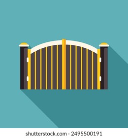 Golden gate with black vertical pickets casting a long shadow on a turquoise background