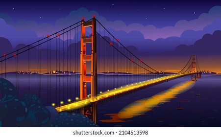 The Golden Gate Bridge Across The Strait. San Francisco. Night View. Vector Illustration