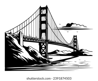 Golden Gate Bridge across the strait. San Francisco. Vector illustration in engraving style. Stencil