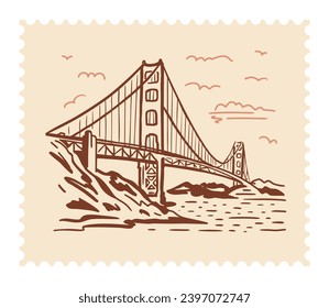 Golden Gate Bridge across the strait. San Francisco. Vector illustration on a postage stamp