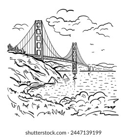 Puente Golden Gate al otro lado del estrecho. San Francisco. Ilustración en blanco y negro en estilo doodle