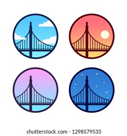 Golden Gate Bridge icon set with different sky background color: day, night, sunset. Simple San Francisco landscape logo variations. Cartoon silhouette vector illustration.