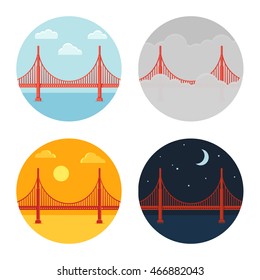 Golden Gate Bridge Icon Set. San Francisco In Different Time And Weather. Flat Cartoon Vector Style.