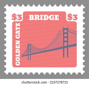 Golden gate bridge on postmark or postcard, architecture, and nature of USA. Suspension path, sightseeing and cultural sight or landmark. Postal mark or card with price. Vector in flat style