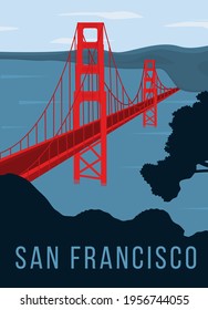 Afiche retro del puente Golden Gate. Puente de color rojo a través del océano azul. Tarjeta vintage o sticker de estilo retro. Visitas turísticas populares en San Francisco, California. Ilustración vectorial plana.