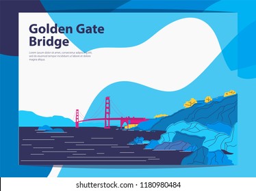 Golden gate bridge in San Francisco, landscape, in blue shades and lines