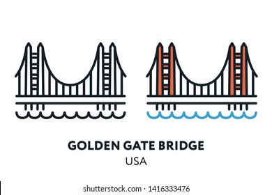 Golden Gate Bridge. San Francisco USA Landmark Sight. Vector Flat Line Icon Illustration.