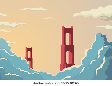 Golden Gate bridge in San Francisco in USA postcard vector template. Bridge in sunset with clouds or fog below. Vintage colors. Famous tourist landmark. Eps10 illustration.