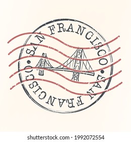 Golden Gate Bridge, San Francisco, USA Stamp Postal. Silhouette Seal. Flag Passport Round Design. Vector Icon. Design Retro Travel. National Symbol.