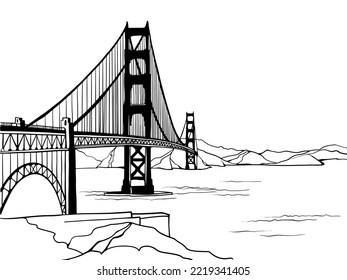 Golden Gate Bridge. San Francisco, USA. Hand drawn line sketch. Ink drawing. Black and white vector illustration on white.