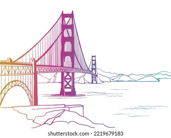 Golden Gate Bridge. San Francisco, USA. Hand drawn line sketch. Ink drawing. Colourful vector illustration on white.